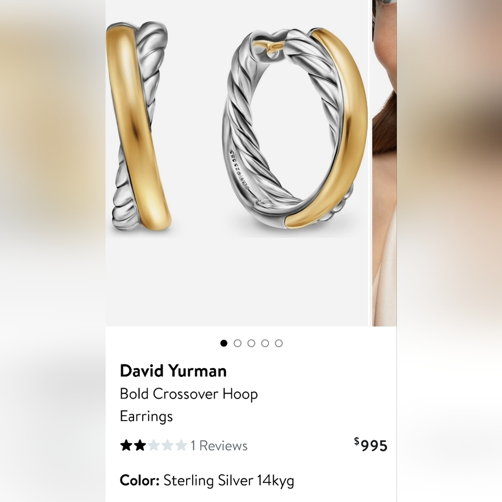 David Yurman Gold and Silver Crossover Hoop Earrings. Like New. #39